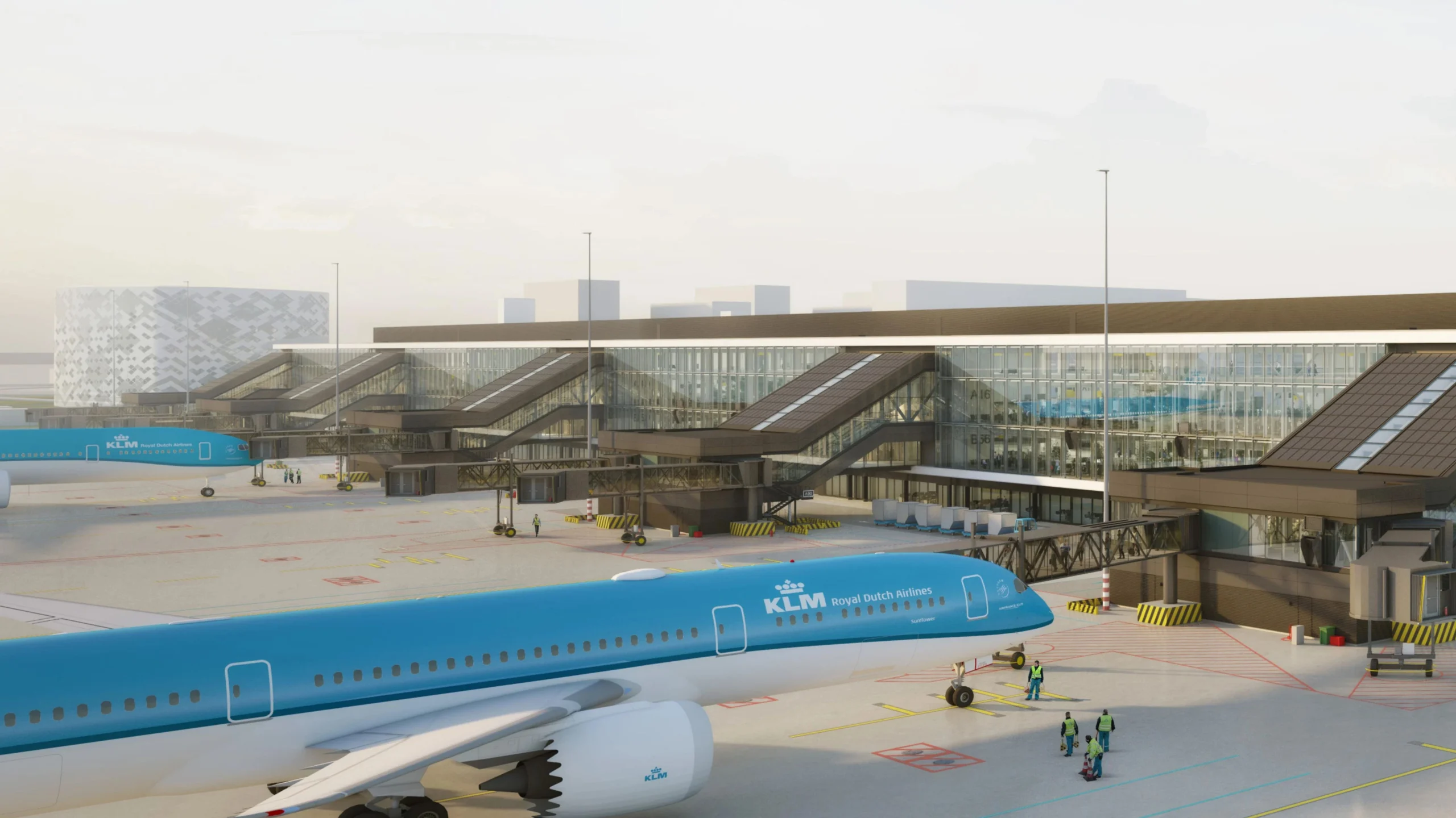 Projecten render van terminalpier op Schiphol met KLM toestel aan de gate, glasgevel, loopbruggen en grondpersoneel, BIM visualisatie.
